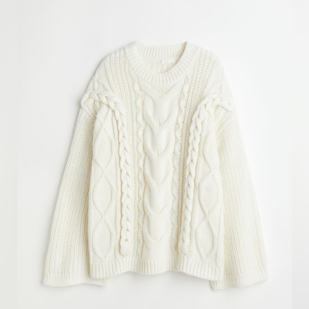white cable knit sweater - oversized & 3d braids details